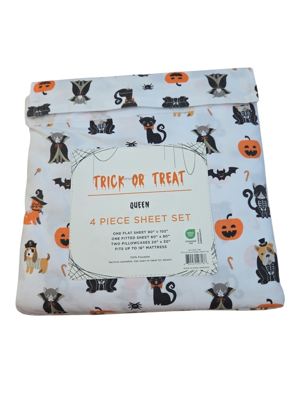 Nwt Halloween Fall Sheet Set - Queen Sheet Set with Orange Pumpkins And Cats New - Picture 2 of 5